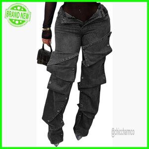 High Waisted Straight Leg Cargo Jeans Patchwork Detachable Y2K Streetwear
